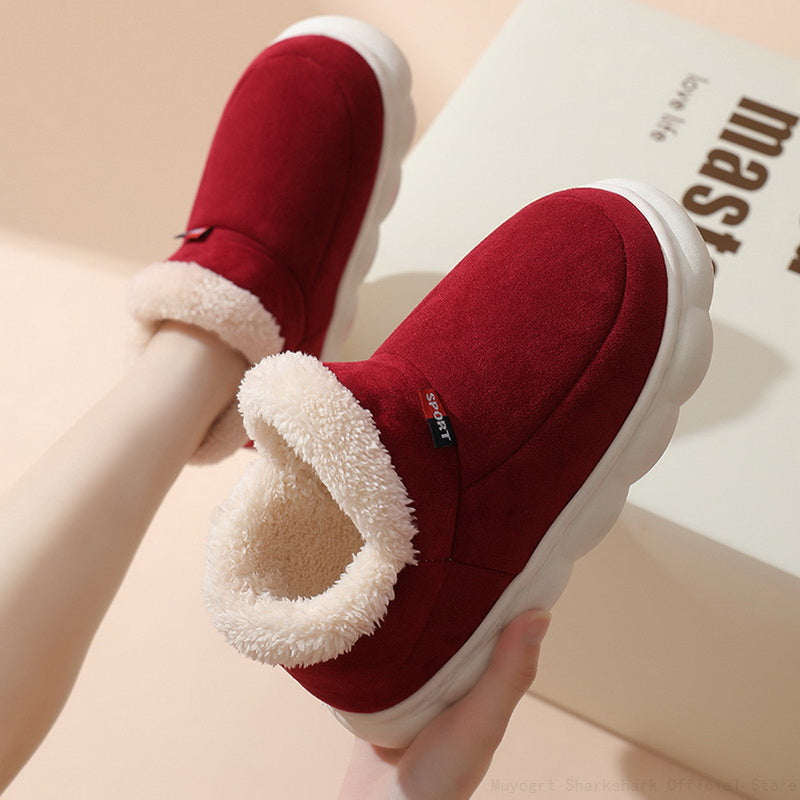 Rote Damen-Hausschuhe mit Plüschfutter, rutschfeste Sohle, bequem, warm.