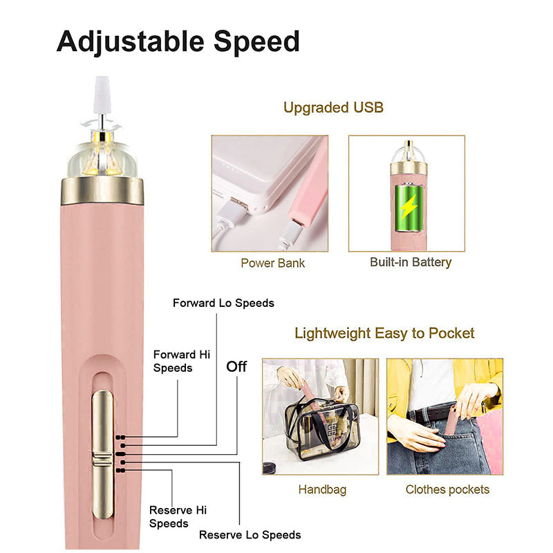 Rosa elektrischer Nagelfräser, USB-aufladbar, tragbar, einstellbare Geschwindigkeit.