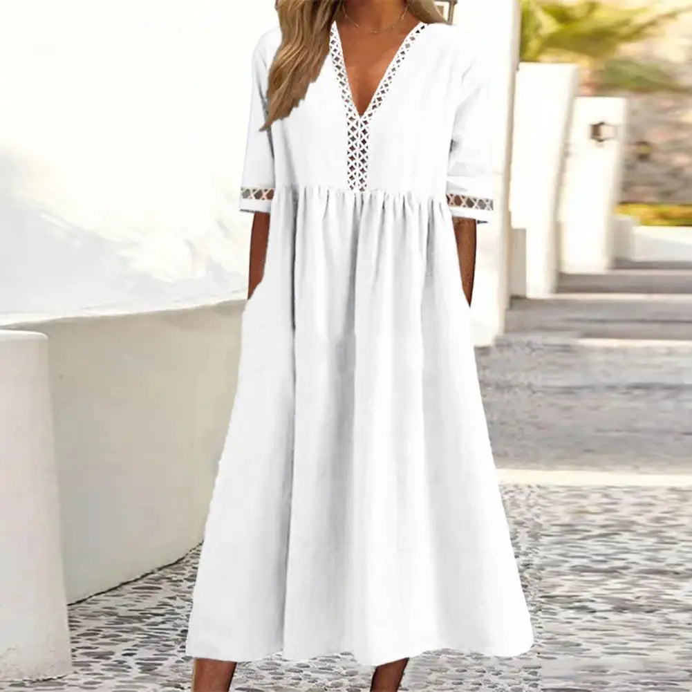 Weißes Damen-Sommerkleid mit V-Ausschnitt, Spitzen-Details, knielang, lässig, Baumwolle.