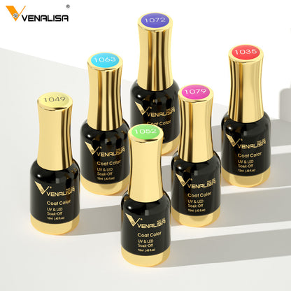 Sechs Venalisa UV LED Nagellackflaschen in verschiedenen Farben auf weißem Hintergrund.
