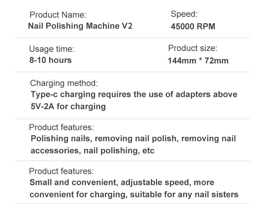 Nail Polishing Machine V2, 45000 RPM, kompakt, USB-C, für Nagelpflege, 8-10 Stunden Nutzung.
