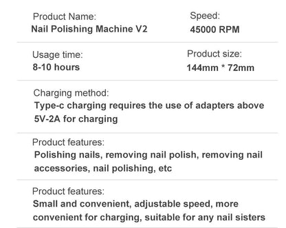 Nail Polishing Machine V2, 45000 RPM, kompakt, USB-C, für Nagelpflege, 8-10 Stunden Nutzung.