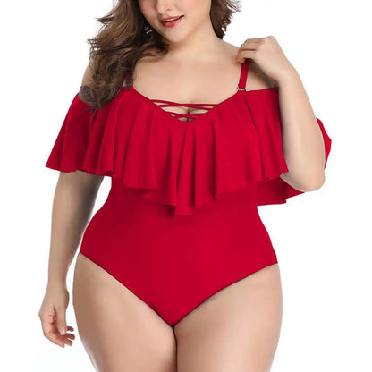Roter Badeanzug mit Rüschen, schulterfrei, Plus-Size, Damenmode, Sommerbekleidung.