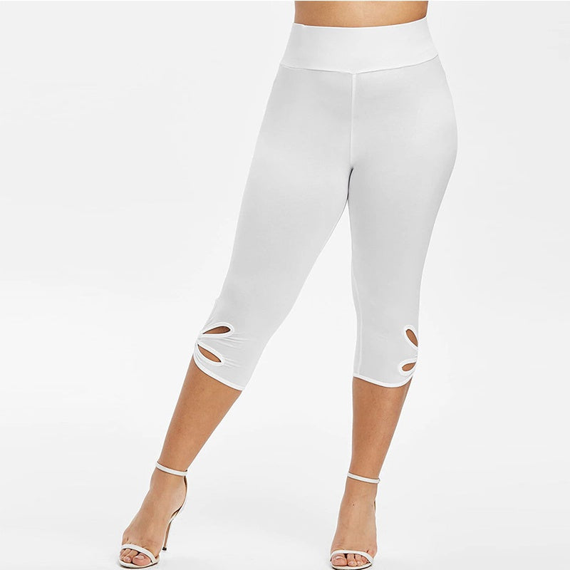 Weiße Capri-Leggings mit Cut-Outs, Damenmode, elastisch, bequem, Sommerkleidung.