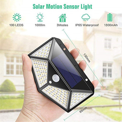 Solarbetriebene Bewegungsmelderleuchte, 100 LEDs, IP65 wasserdicht, 3 Modi, 1800mAh Akku.