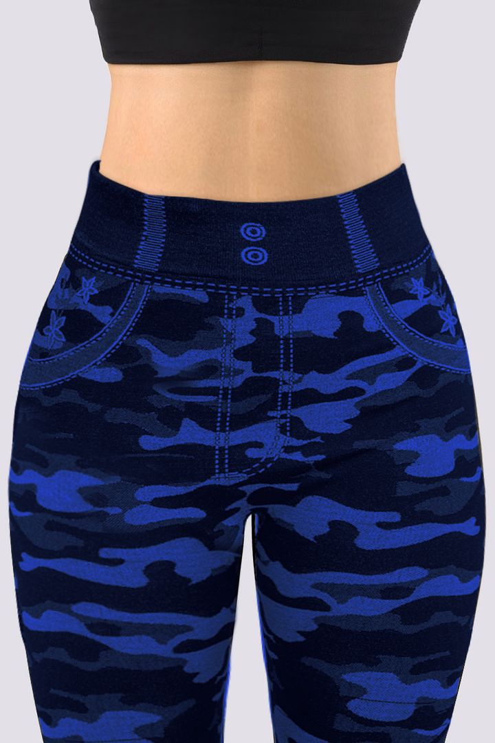 Damen Leggings blau Camouflage-Muster, hoher Bund, Fitnessmode, elastisch, bequem