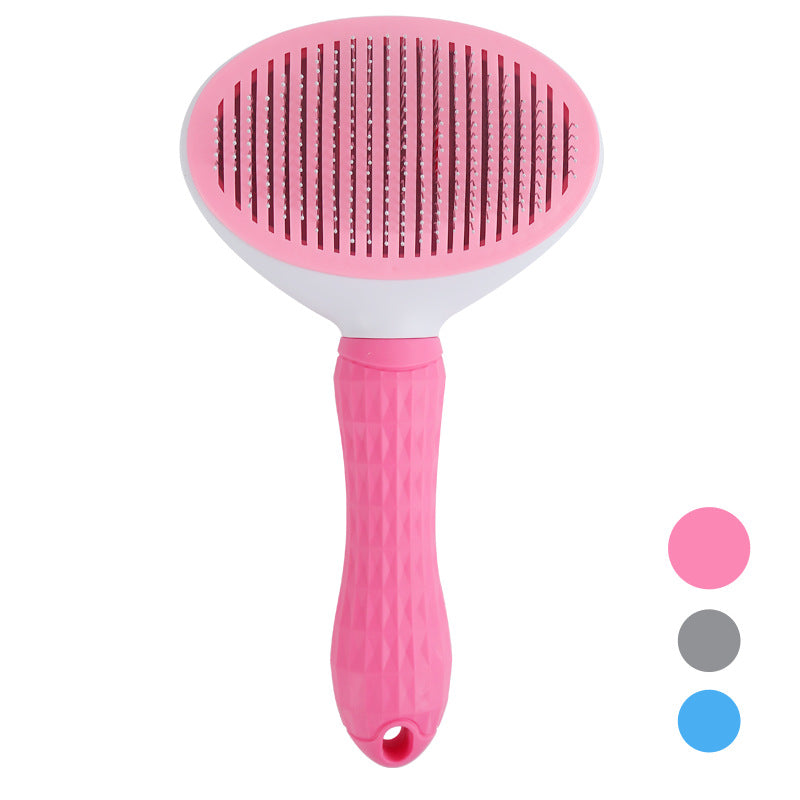 Rosa Haustierbürste mit ergonomischem Griff, ideal für Fellpflege von Hunden und Katzen.