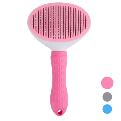 Rosa Haustierbürste mit ergonomischem Griff, ideal für Fellpflege von Hunden und Katzen.