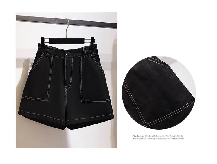 Schwarze Damen-Shorts mit weißen Nähten, Baumwolle, lässig, modisch, Sommerbekleidung.