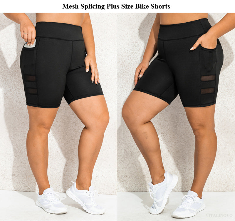Damen Plus Size Fahrradhose Schwarz, Mesh-Einsätze, Taschen, Sportbekleidung, Fitnessmode.