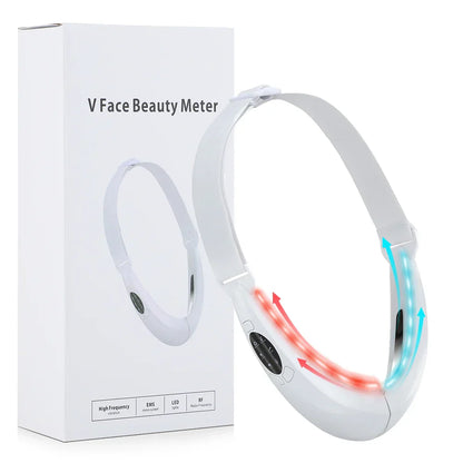 V-förmiges Gesichtsgerät, weiß, LED-Lichttherapie, Hautstraffung, Anti-Aging, EMS-Technologie.