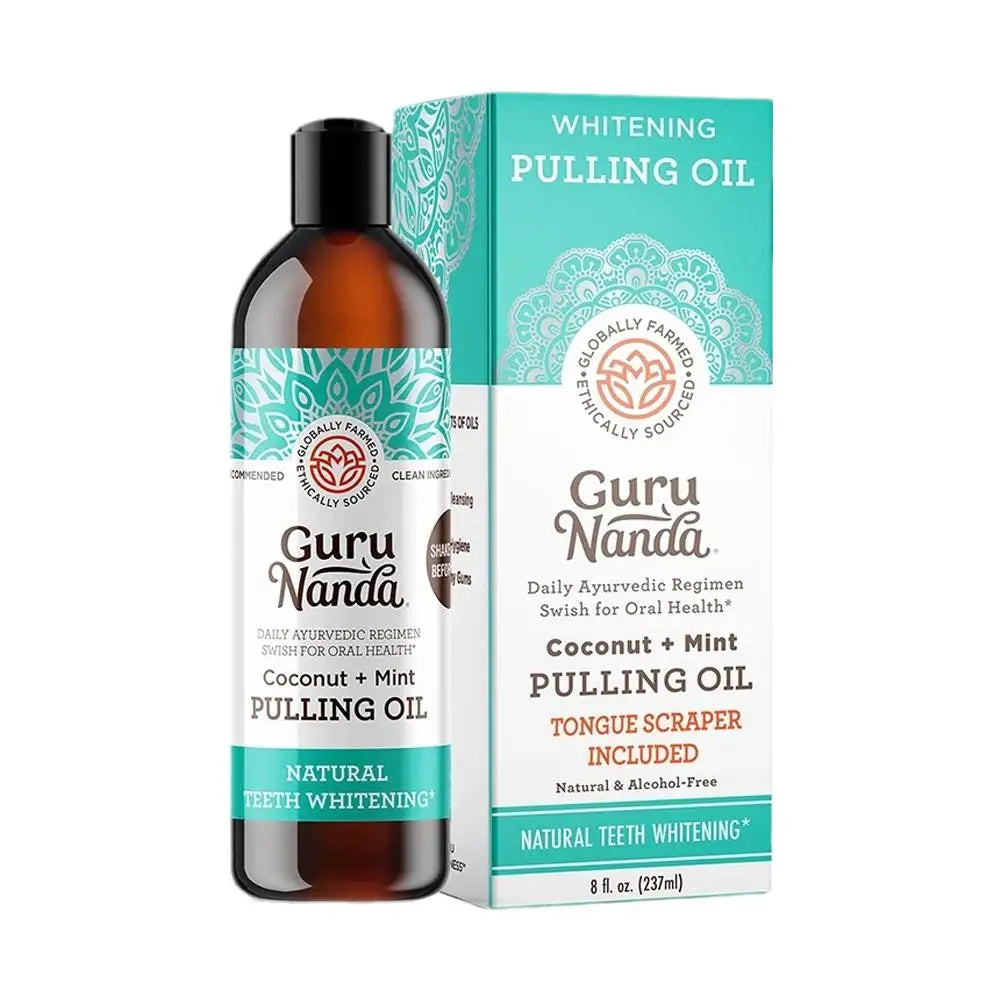 GuruNanda Ölziehen Kokosnuss Minze, Zahnaufhellung, 237ml, ayurvedisch, Zungenschaber inklusive.