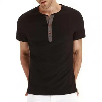 Schwarzes Herren-Henley-Shirt, Kurzarm, Knopfleiste, Baumwolle, lässig, modisch.