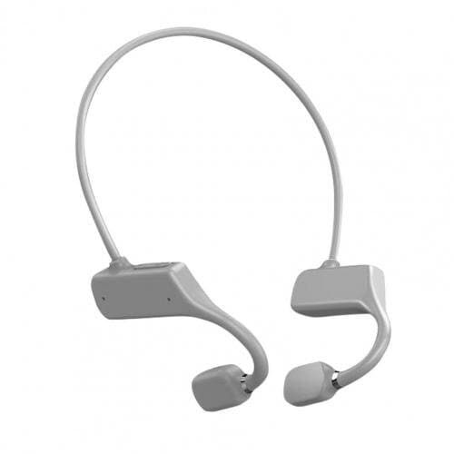 Drahtlose Knochenleitungs-Kopfhörer, grau, ergonomisches Design, für Sport und Fitness.