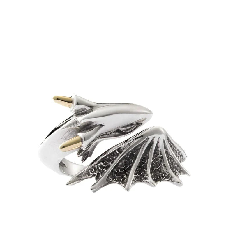 Silberner Drachenring mit goldenen Hörnern, verziert, Unisex-Schmuck, Fantasy-Design.