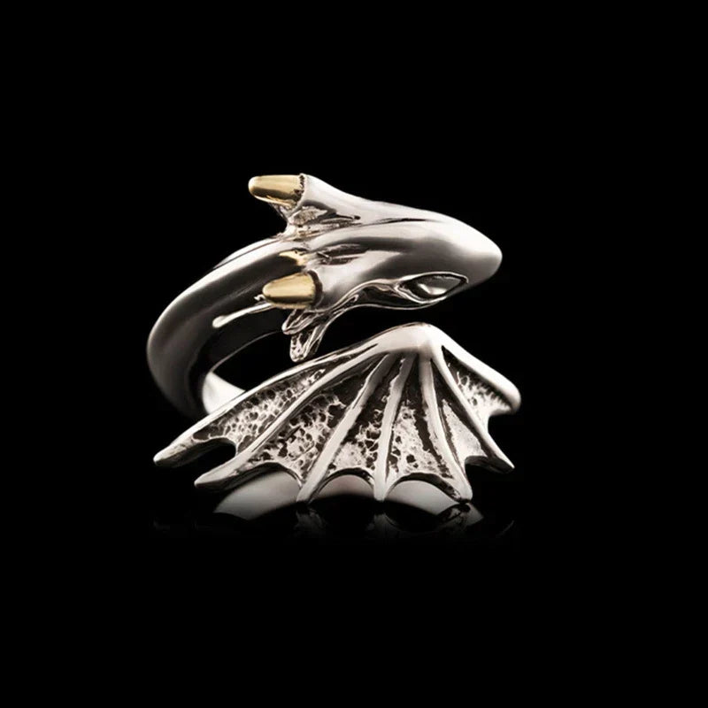 Silberner Drachenring mit goldenen Krallen, verstellbar, einzigartiges Design, Schmuck für Damen.