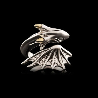 Silberner Drachenring mit goldenen Krallen, verstellbar, einzigartiges Design, Schmuck für Damen.