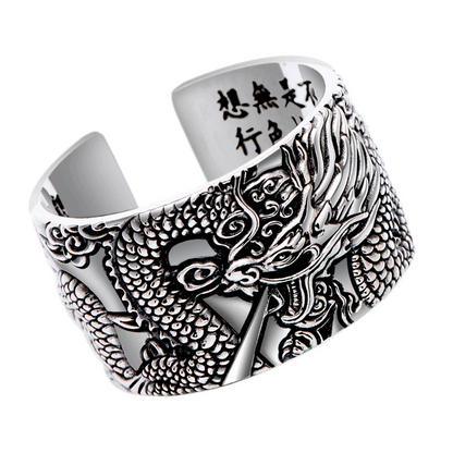 Silberner Drachenring, verstellbar, Edelstahl, chinesisches Design, Herren-Schmuck.
