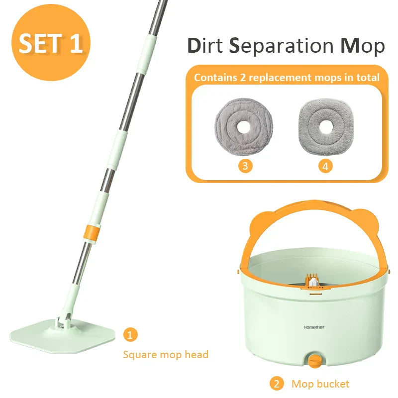 Set mit Schmutztrennungs-Mopp, quadratischer Moppkopf, Ersatzmopps, Eimer, weiß-orange.