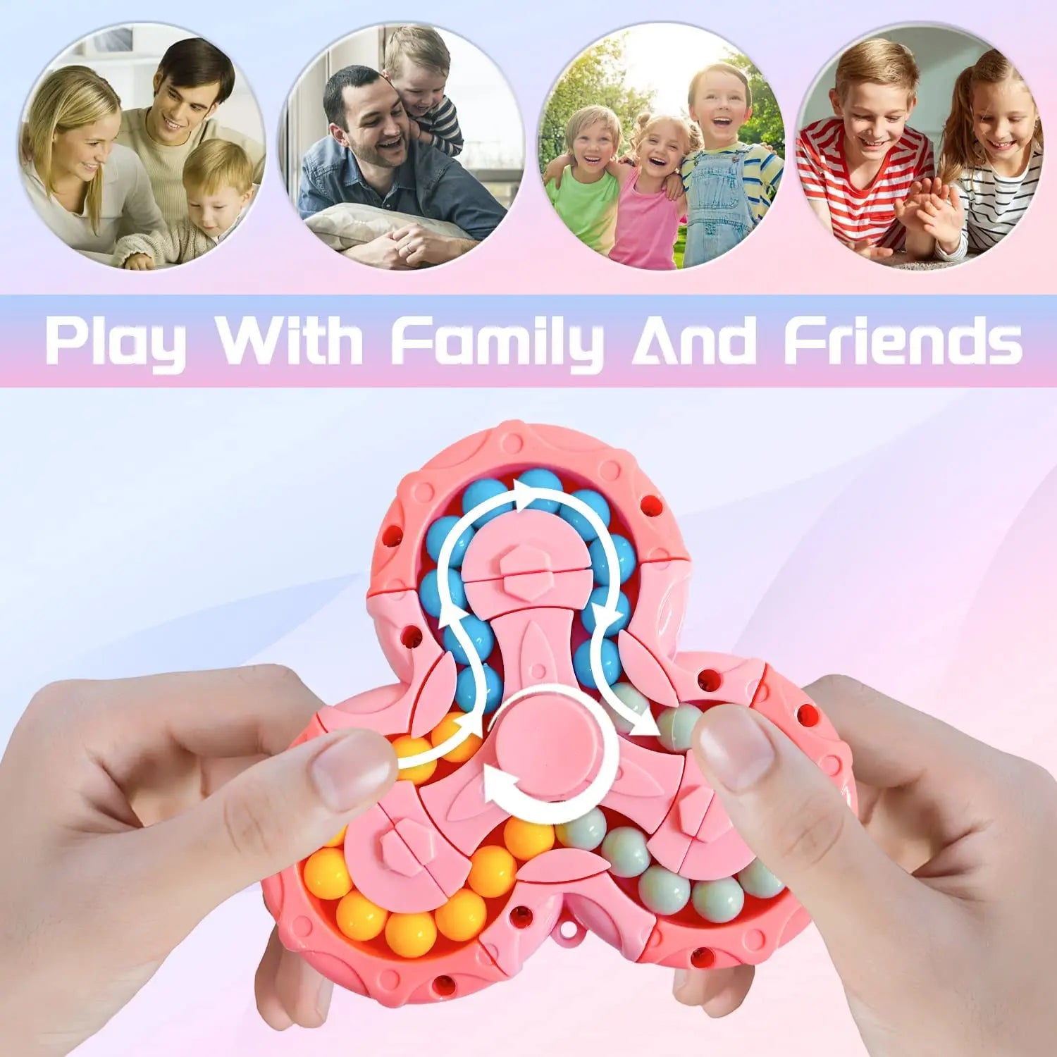 Rosa Fidget Spinner mit bunten Kugeln, ideal für Stressabbau und Spielspaß mit Familie.