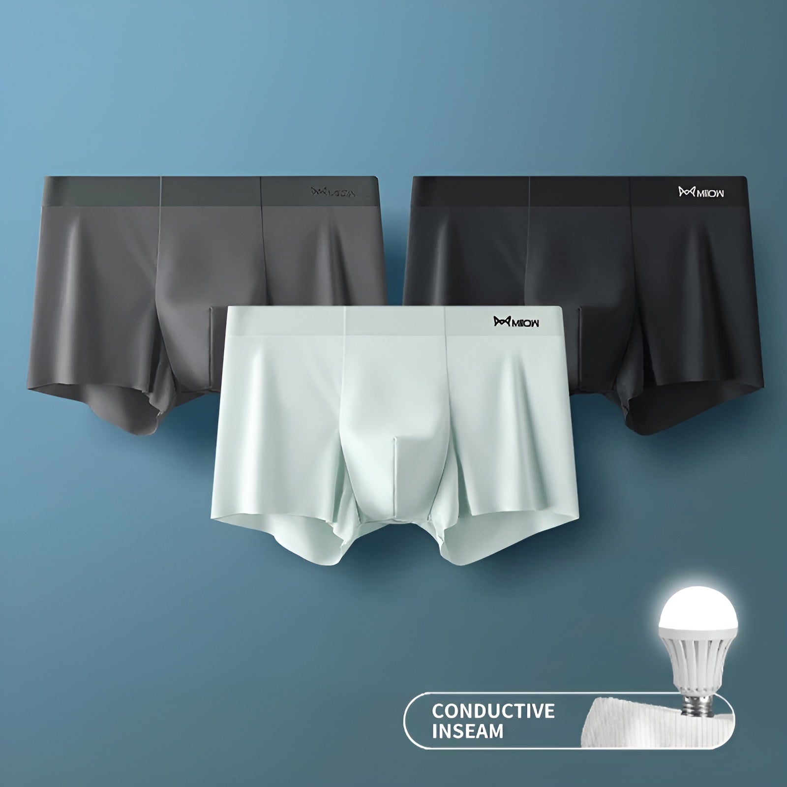 Drei Herren-Boxershorts in Schwarz, Grau und Weiß, nahtlos, atmungsaktiv, mit leitfähiger Naht.