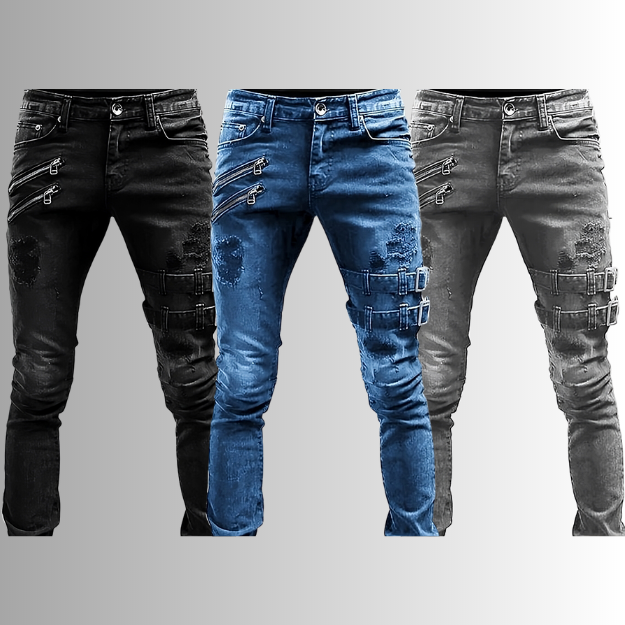 Drei Herren-Jeans in Schwarz und Blau mit Rissen und Schnallen, modisch und robust.