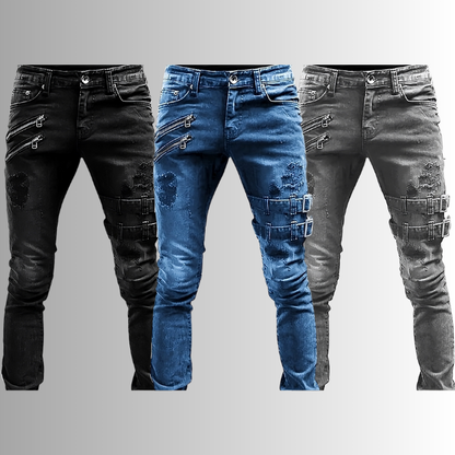 Drei Herren-Jeans in Schwarz und Blau mit Rissen und Schnallen, modisch und robust.