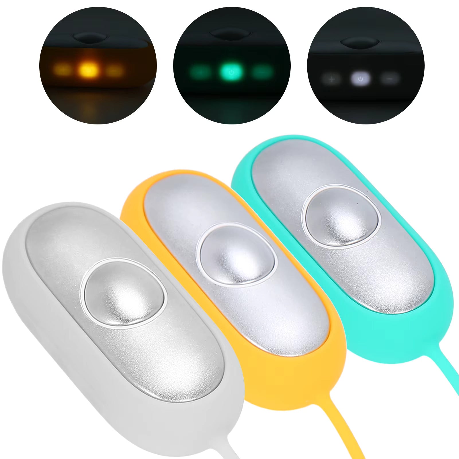Drei LED-Lichtschalter, Farben: Weiß, Gelb, Türkis, mit Leuchtanzeige, modern, ergonomisch.