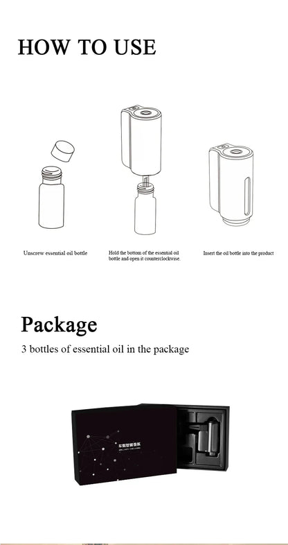 Schwarze Verpackung mit drei Flaschen ätherisches Öl, Anleitung zur Verwendung, stilvolles Design.