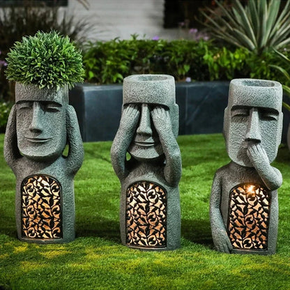 Drei graue Moai-Blumentöpfe mit LED-Licht, Garten-Dekoration, "Nichts sehen, hören, sagen".