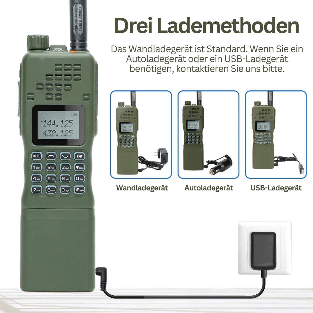 Grünes Funkgerät mit Display und Tasten, drei Lademethoden, Wand-, Auto- und USB-Ladegerät.