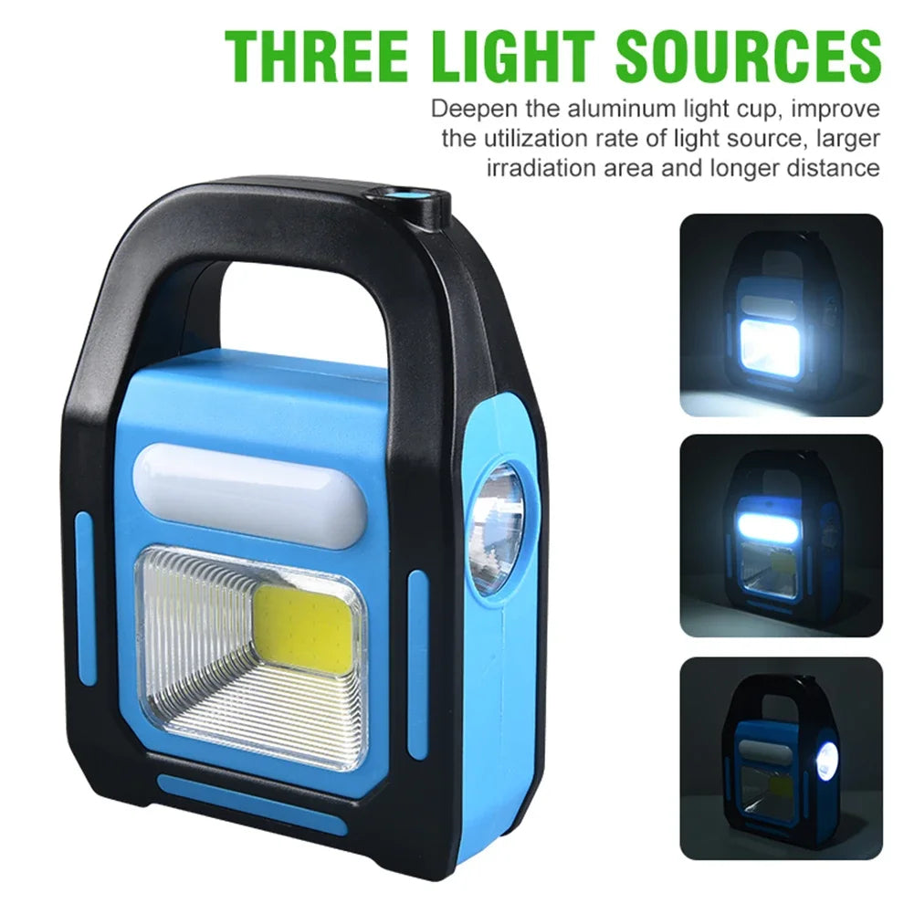 Tragbare LED-Campinglampe, blau-schwarz, drei Lichtquellen, wiederaufladbar, Outdoor-Beleuchtung.