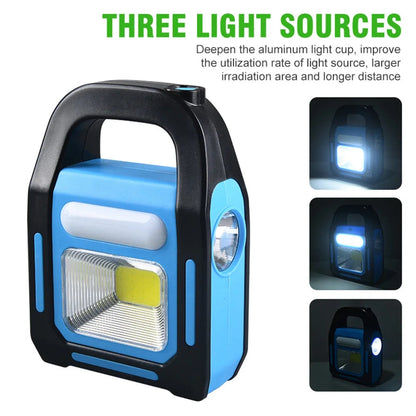 Tragbare LED-Campinglampe, blau-schwarz, drei Lichtquellen, wiederaufladbar, Outdoor-Beleuchtung.