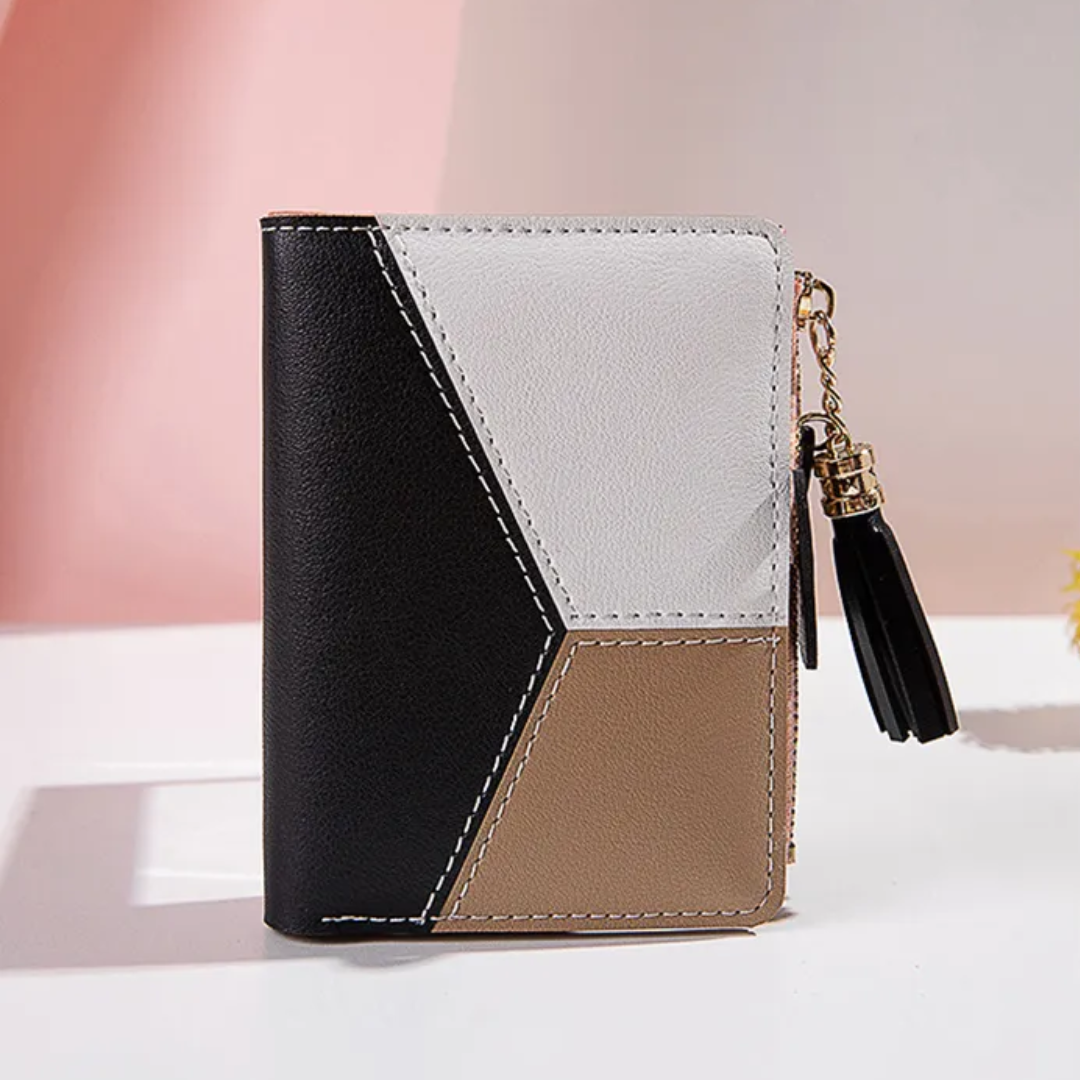 Dreifarbige Damen-Geldbörse aus Leder mit Reißverschluss, schwarz, weiß, beige.