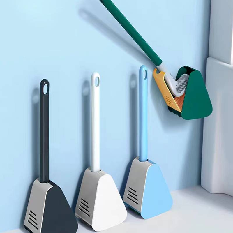 Dreieckiger Toilettenbürstenhalter, modern, blau, weiß, schwarz, platzsparend, Badezimmerzubehör.