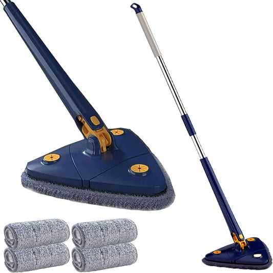 Dreieckiger Wischmopp mit Teleskopstiel, blau, inkl. 3 Ersatzpads, für effiziente Bodenreinigung.