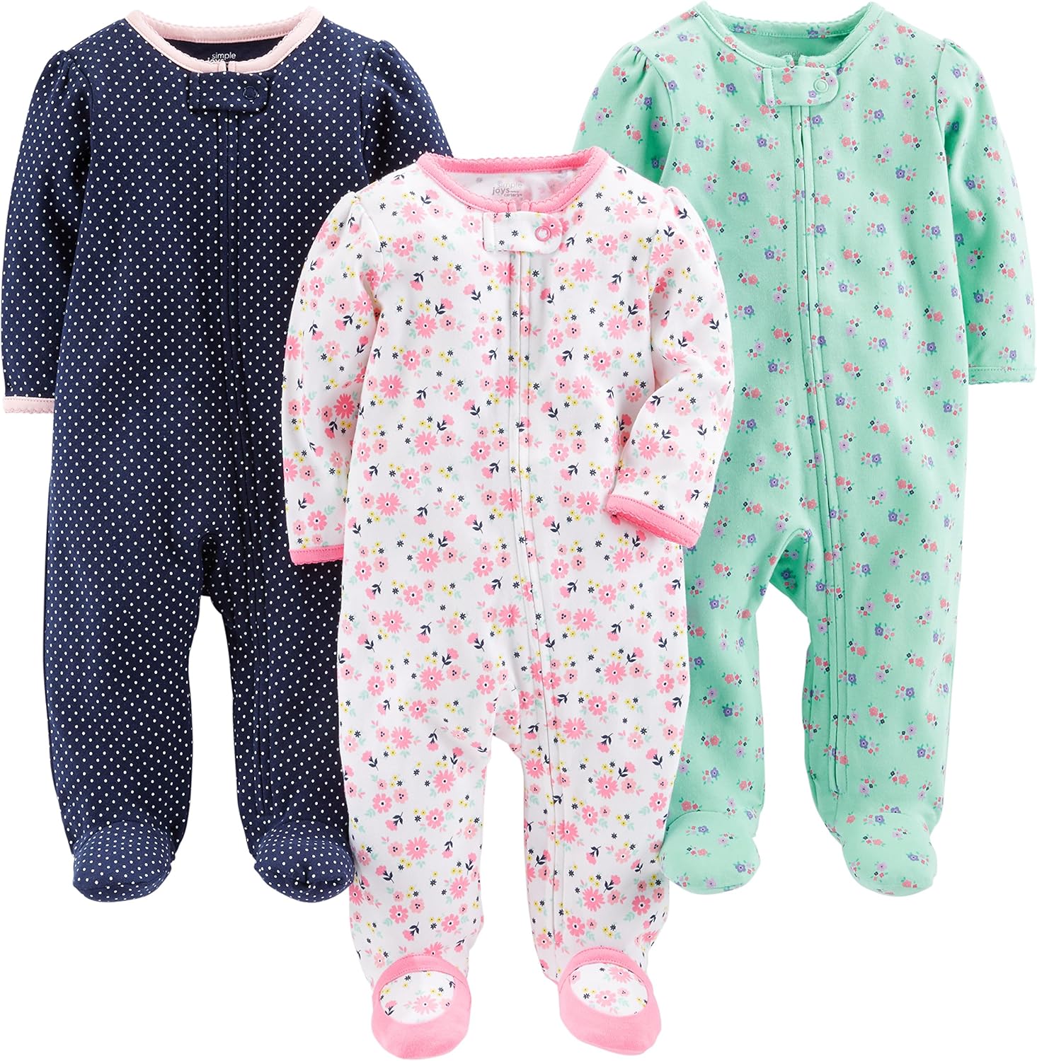 Drei Baby-Strampler, Baumwolle, gepunktet und geblümt, blau, weiß, grün, langärmlig.
