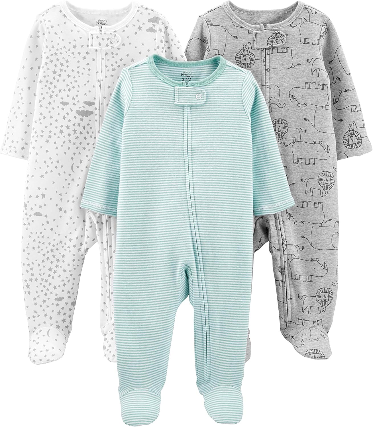 Drei Baby-Strampler, Baumwolle, grau, weiß, mintgrün, Tiermuster, Sterne, gestreift.