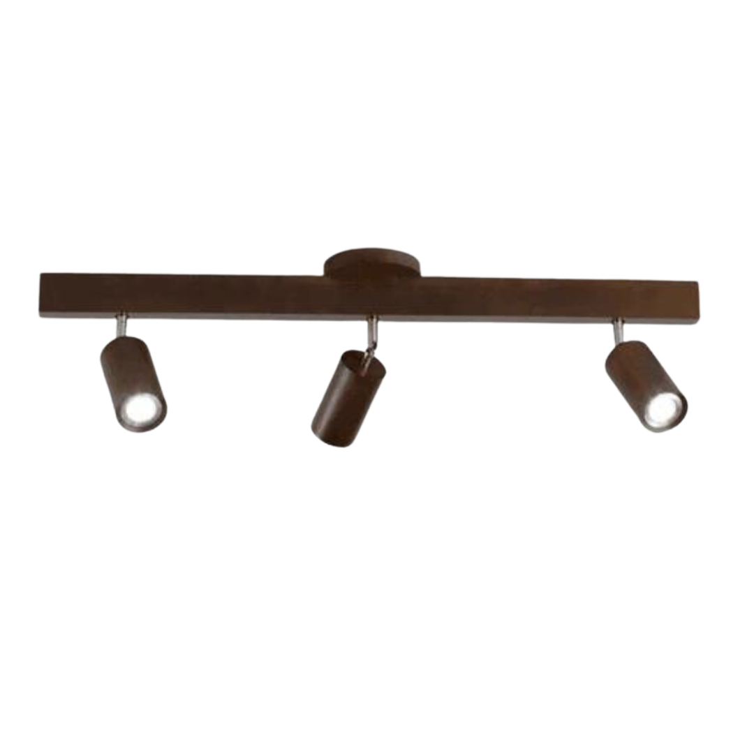 Braune Deckenleuchte mit drei verstellbaren LED-Spots, modernes Design, Innenbeleuchtung.