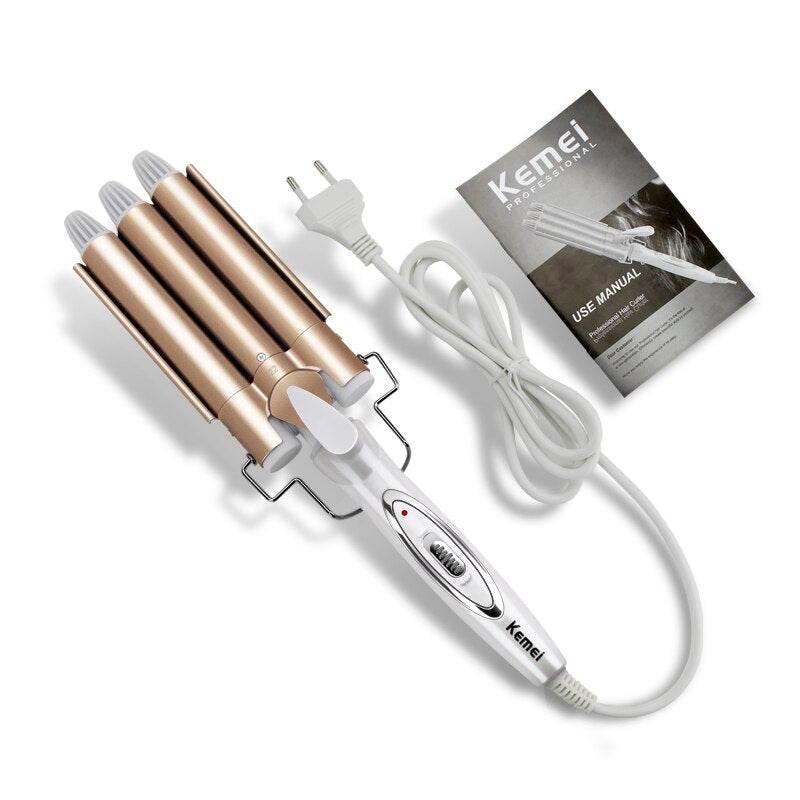 Dreifach-Lockenstab, Keramik, gold-weiß, Haarstyling-Tool, elektrische Lockenwickler.