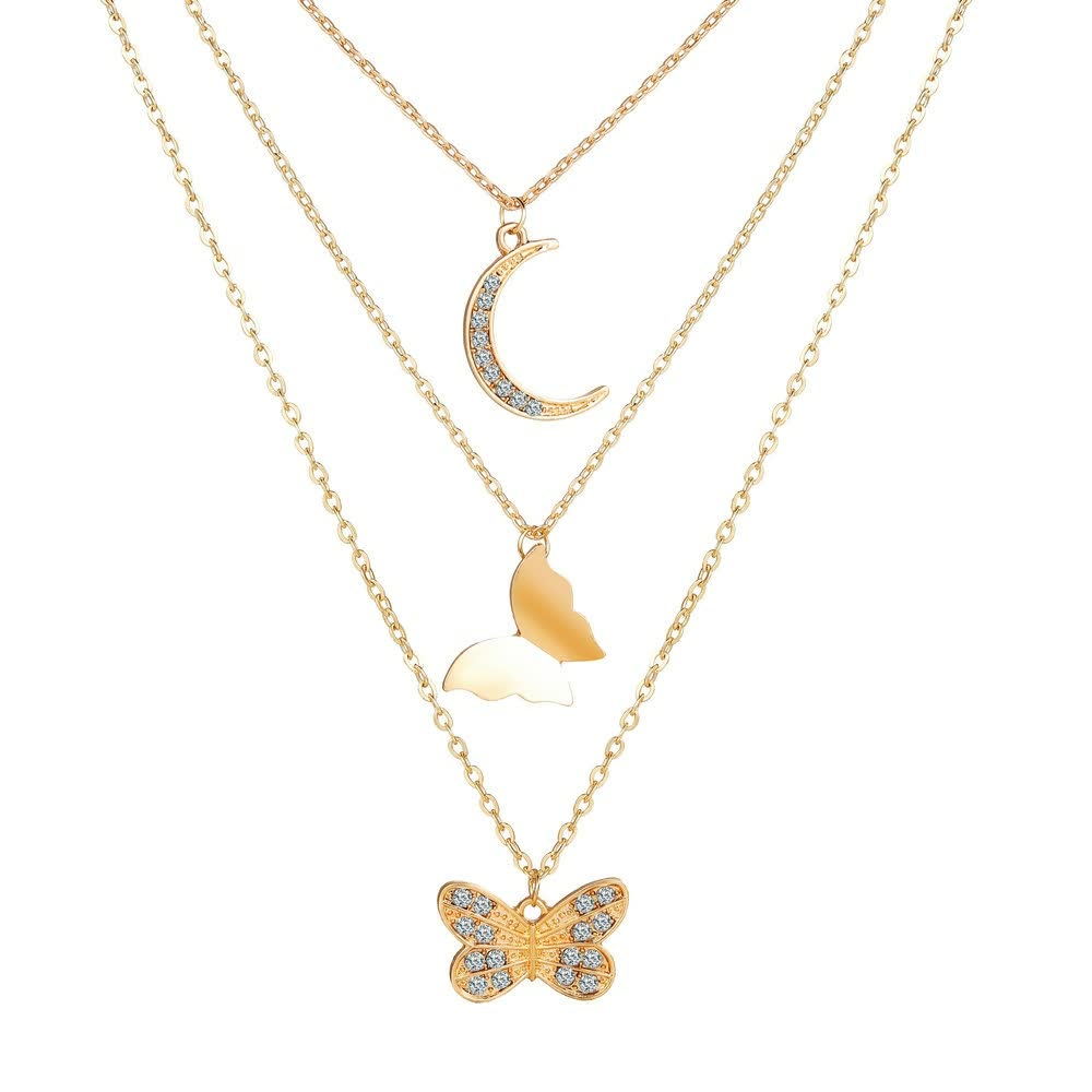 Goldene Halskette mit Schmetterling und Mondanhänger, Damen Schmuck, modisch, elegant.