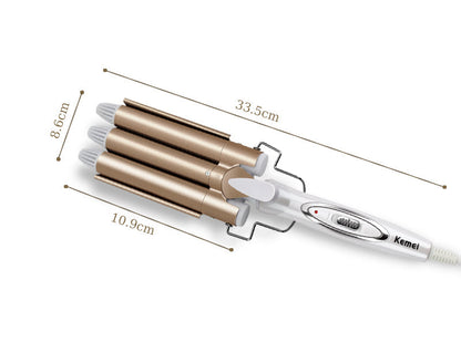 Dreifach-Lockenstab Kemei, gold, 33,5 cm, Haarstyling, Keramikbeschichtung, 10,9 cm Breite.