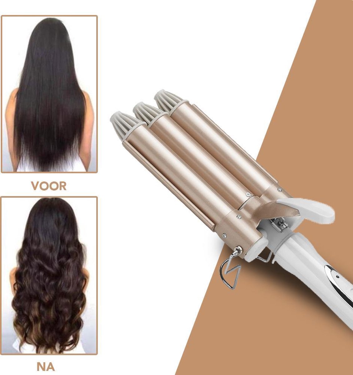 Dreifach-Lockenstab, gold, für Wellenfrisuren, Haarstyling-Tool, elektrisch, Frisuren vorher-nachher.