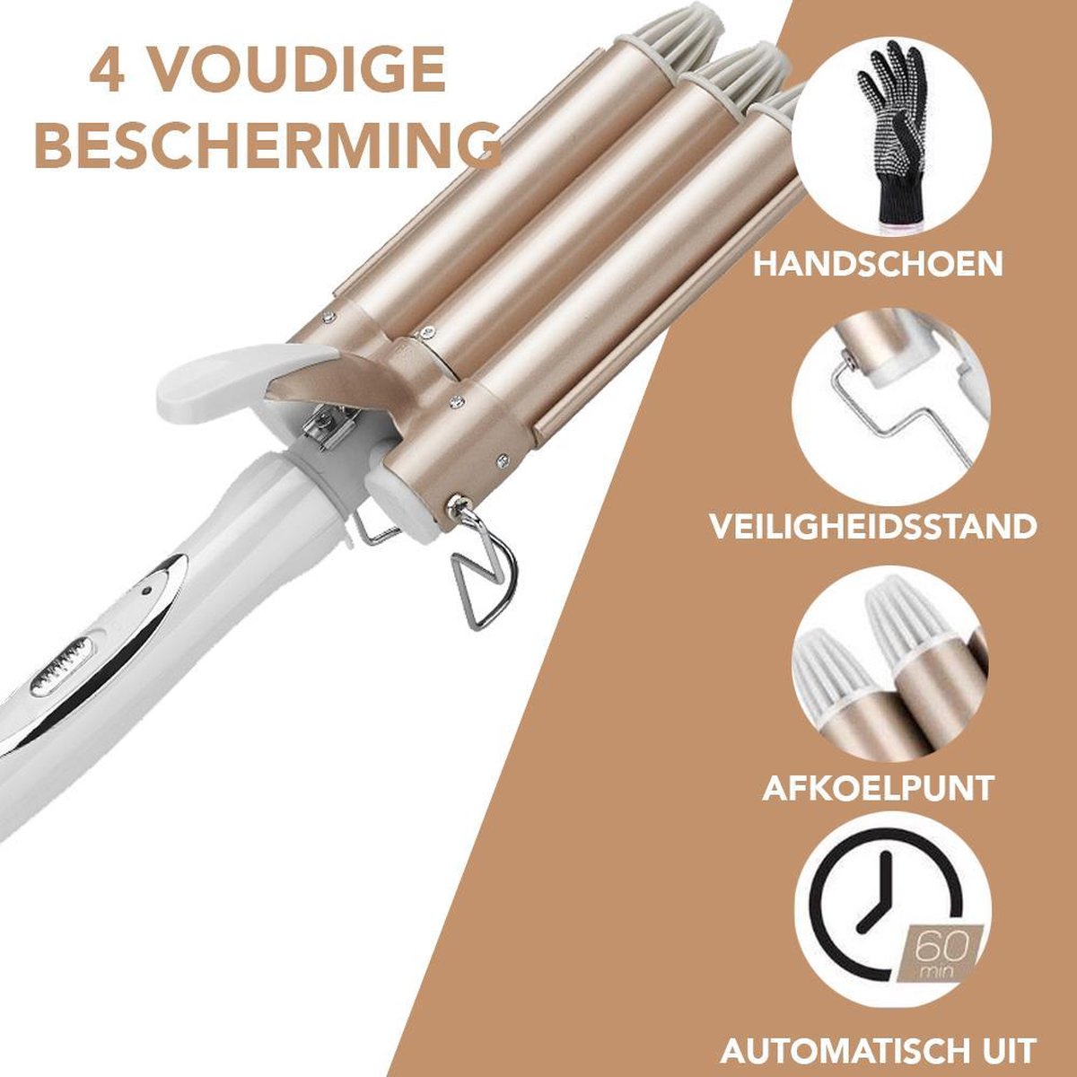 Lockenstab mit dreifachem Lauf, goldfarben, hitzebeständig, mit Handschuh und Sicherheitsständer.