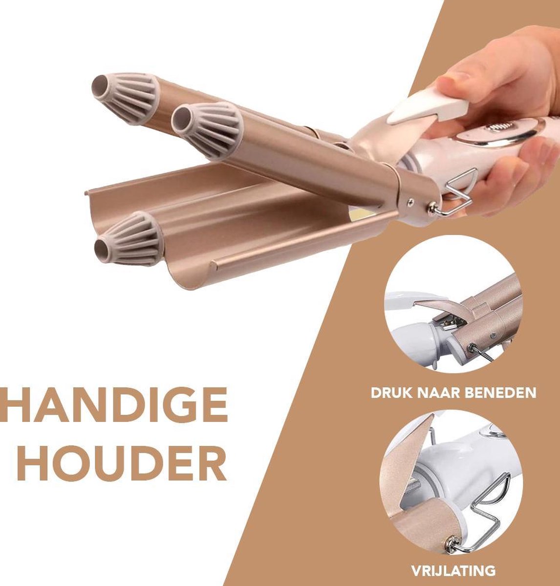 Goldener Lockenstab mit dreifachem Lauf, ergonomischem Griff, ideal für Wellenstyling.