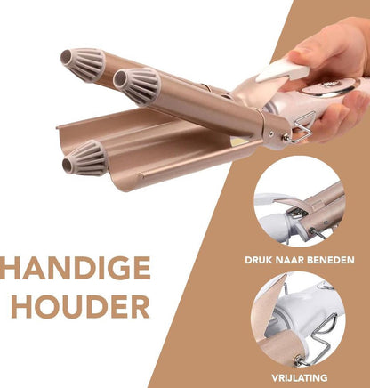 Goldener Lockenstab mit dreifachem Lauf, ergonomischem Griff, ideal für Wellenstyling.