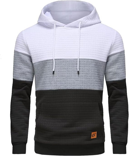 Herren Kapuzenpullover, dreifarbig, weiß-grau-schwarz, Baumwolle, modisch, bequem.