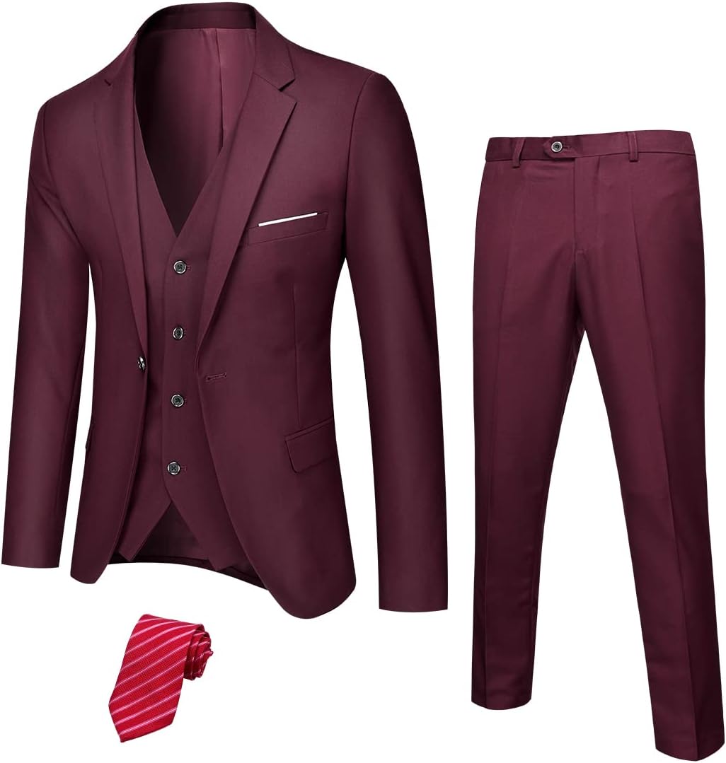 Bordeauxfarbener Herrenanzug mit Weste und Krawatte, eleganter dreiteiliger Anzug für Männer.