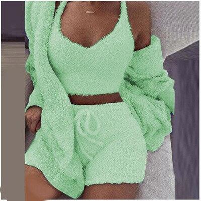 Damen 3-teiliges Set, grün, Strickfleece, Top, Shorts, Cardigan, gemütliche Homewear.