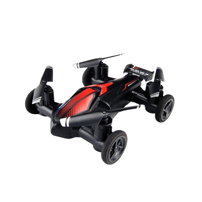 Schwarze und rote Drohne mit Rädern, Quadrocopter, ferngesteuertes Spielzeug, Outdoor-Gadget.